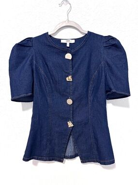Steps NY Denim Puff Sleeve Gold Statement Button Top Women’s Small Quirky